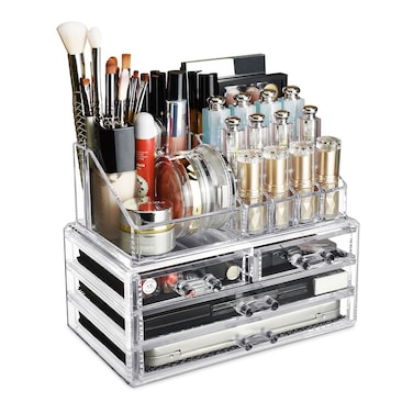 Ikee Design Acrylic Makeup Organizer with 4 Drawers and Removable Top Lipstick Holders Ideal for Makeup or AccessoriesEnhance Your Vanity or Bathroom with Clear Design for Quick Visibility