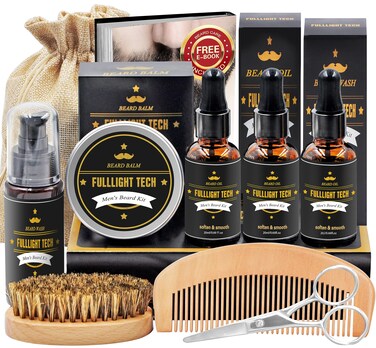 FULLLIGHT TECHMens Beard Grooming  Care Kit  Wash 3 Beard Oils Balm Comb Brush Scissors  Premium Gift Set