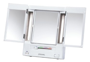 JERDON TriFold TwoSided Makeup Mirror with Lights  Vanity Mirror with 5X1X Magnification  Multiple Light Settings  White  Model JGL9W