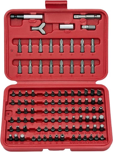 NEIKO 10048A Security Bit Set 100Piece Set CrV Steel 14inch Adapters Phillips Slotted Hex Torx Star Tamperproof Pozi Square Spanner Torque TriWing Clutch Spline Wing Nut Security Torx Bit Set