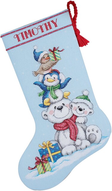 Dimensions Counted Cross Stitch Stack of Critters Personalized Christmas Stocking Kit 16