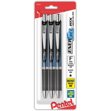 Pentel EnerGel Deluxe RTX Retractable Pens Needle Point 05 mm Assorted Barrels Black Ink Pack Of 3