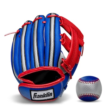 Franklin Sports Kids Baseball Glove  Ball Set  Air Tech Youth Teeball Glove  Boys  Girls Childrens Glove  Ball  Right Hand Throw  Blue Red and Silver 9