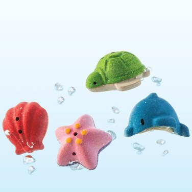 PlanToys Wooden 4 Piece Sea Life Bath Set 5658  Sustainably Made from Rubberwood and NonToxic Paints and Dyes  EcoFriendly PlanWood