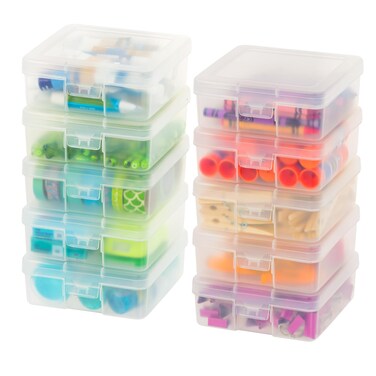 IRIS USA Plastic Pencil Case Box Craft Hobby Art School Supply Storage Organizer Container with Latching Lid 10Pack for Bead Pens Ribbons Wahi Tape Sticker Yarn Ornaments Stackable Clear Small