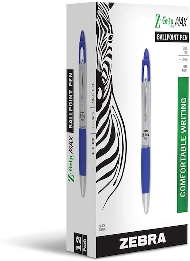 Zebra Pen ZGrip MAX Retractable Ballpoint Pen Medium Point 10mm Silver Barrel Blue Ink 12 Pack