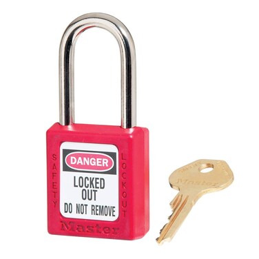 Master Lock Red Lockout Tagout Safety Padlock with Key Metal Shackle and NonConductive Lock Body for Electrical Applications 410RED