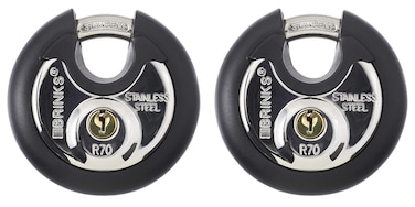 BRINKS Heavy Duty Padlock  Key 2 Pack 70mm Stainless Steel Keyed Alike Commercial Discus Keyed Lock for Storage Shed Garage Locker Sliding Doors Cabinets  More Round with Steel Shackle Black