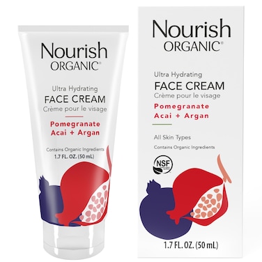 Nourish Organic Face Cream Pomegranate Acai  Argan  Ultra Hydrating Formula with Aloe Vera  Green Tea Extract 17 Oz  Washable Cotton Round