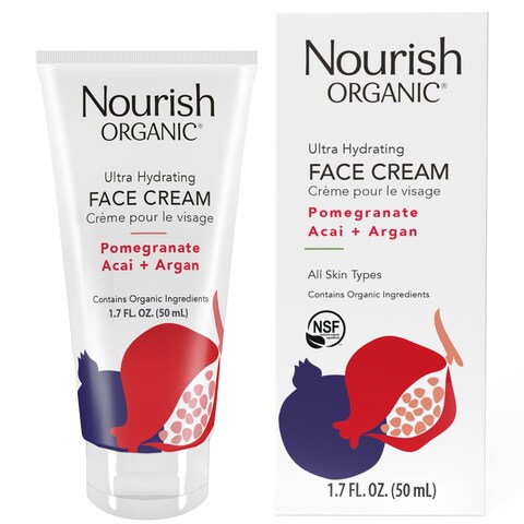 Nourish Organic Face Cream Pomegranate Acai  Argan  Ultra Hydrating Formula with Aloe Vera  Green Tea Extract 17 Oz  Washable Cotton Round