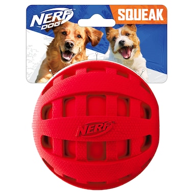 Nerf Dog Rubber Ball Dog Toy with Checkered Squeaker Lightweight Durable and Water Resistant 4 Inch Diameter for MediumLarge Breeds Single Unit Red