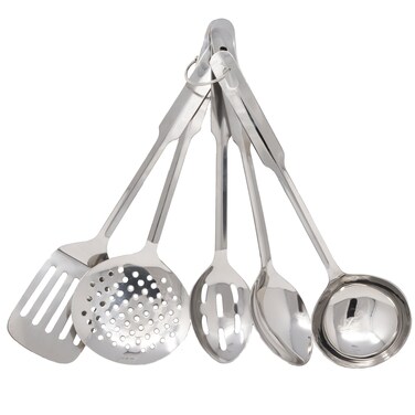 Amco 5Piece Everyday Utensil Set  Stainless Steel  Heat Resistant  11 inches  Hang Hole for Easy Storage  Dishwasher Safe  Ideal Kitchen Gadget for Restaurants or Home