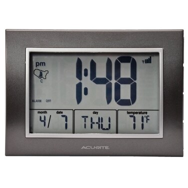 AcuRite Atomic Alarm Clock with Date Day of Week and Temperature 05 Grey