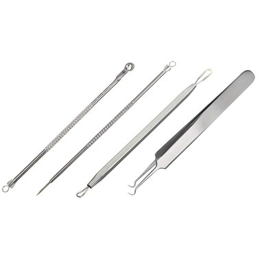 Beaute Galleria 4 Pieces Blackhead Remover Pimple Extractor Popper Bend Curved Tweezers for Acne Comedone Blemish Whitehead Zit Removal Tool Kit with Instructions