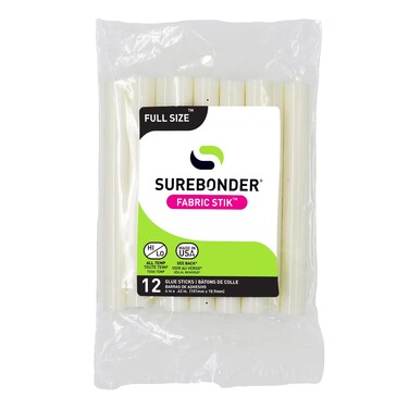 Surebonder FS12 Fabric Hot Glue Sticks Strong Bonding Fabric Glue Machine Washable Full Size 4Inch Length  12 Pack  Made in USA  White