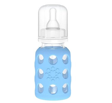 Lifefactory 4Oz Glass Baby Bottle with Protective Silicone Sleeve and Stage 1 Nipple Sky Blue