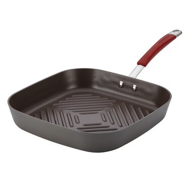 Rachael Ray Cucina Hard Anodized Nonstick GrillDeep Square Griddle Pan 11 Inch Gray with Red Handles