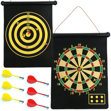 Magnetic Dart Board  Hanging Reversible Convenient RollUp Storage Dartboard and Bullseye Game with 6 Plastic Darts by Trademark Games BlackYellow