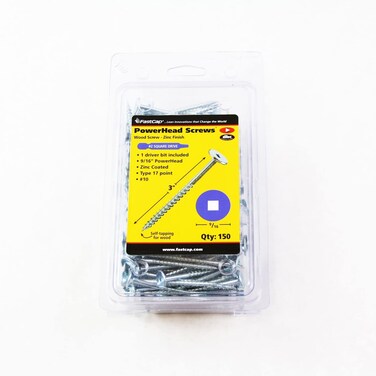 FastCap PowerHead Wood Screws with Oversized Flat Head  SelfTapping Point  3 2 Square Drive Zinc Finish 150Pack  02193