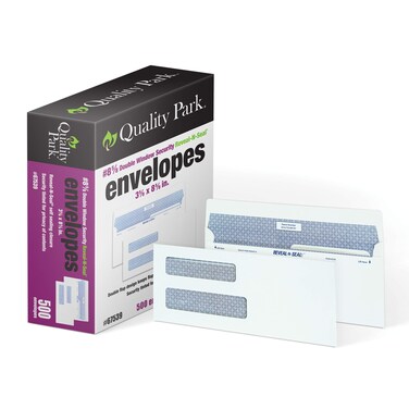 Quality Park 8 58 DoubleWindow Security Envelopes SelfSealing Tamper Evident For Checks Payroll 24 lb White Wove 358 x 858 Inches 500Box QUA67539