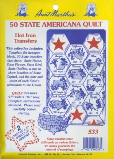 Aunt Marthas 50 State Americana Iron On Transfer Pattern Collection with State Outlines State Birds and State Flowers