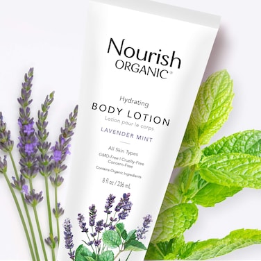 Nourish Organic Body Lotion Lavender Mint  Hydrating Body Lotion for Dry Skin with Certified Organic Aloe Vera Shea Butter Coconut Oil  Cocoa Butter 8 Oz  Washable Cotton Round
