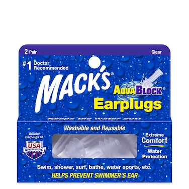 Macks AquaBlock Swimming Earplugs 2 Pair  Comfortable Waterproof Reusable Silicone Ear Plugs for Swimming Snorkeling Showering Surfing and Bathing Clear