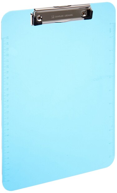 Charles Leonard Transparent Plastic Clipboard with Low Profile Clip and Pull Out Hook Letter Size Neon Blue 1 Each 89715
