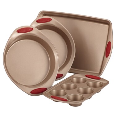 Rachael Ray Cucina Bakeware Set Includes Nonstick Cake Cookie Baking Sheet and Muffin Cupcake Pan 4 Piece Latte Brown with Cranberry Red Grips
