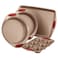 Rachael Ray Cucina Bakeware Set Includes Nonstick Cake Cookie Baking Sheet and Muffin Cupcake Pan 4 Piece Latte Brown with Cranberry Red Grips