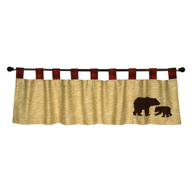 Northwoods Window Valance  Woodgrain Body Buffalo Check Tabs Tab Top Bear Appliques Tan Red and Brown 56 in x 15 in