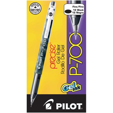PILOT Precise P700 Gel Ink Rolling Ball Stick Pens Marbled Barrel Fine Point 07 mm Black Pack of 12