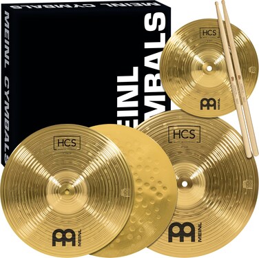 Meinl Cymbals HCS Cymbal Set Box Pack for Drums Hihats Crash Plus Free Splash Sticks Lessons  Made in Germany  Durable Brass 2Year Warranty Traditional Finish 131410 HCS1314