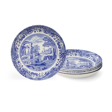 Spode Blue Italian Pasta Bowls  Set of 4  9Inch  Salad Pasta and Soup Serving Bowls  Round Wide and Shallow Bowl  Microwave Safe Plate  Dishwasher Safe
