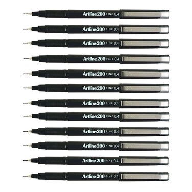 Artline 200 Fineliner Pen Waterbased Ink 04mm Tip 04mm Line Black Ref A2001 Pack of 12
