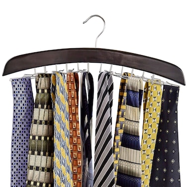 Richards Wooden Tie Rack Hanging Organizer for Mens Closet Accessories Space Saving Necktie Holder for Storage and Display Holds 24 Ties Hook Walnut Wood with Chrome Accents
