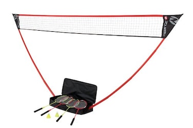 Zume Games Portable Badminton Set with Freestanding Base  Sets Up on Any Surface in Seconds  No Tools or Stakes RequiredRedBlackGreen1OD0006W
