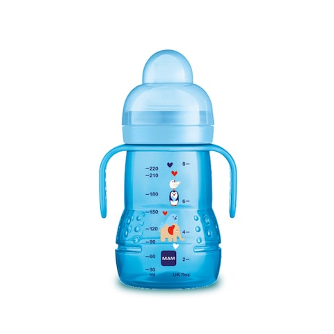 MAM Plastic Trainer Cup 1 Count Trainer Drinking Cup with ExtraSoft Spout SpillFree Nipple and NonSlip Handles for Boys 4 Months Eight Ounces Designs May Vary