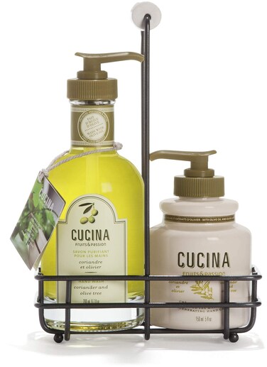 Fruits  Passion Cucina  Hand Care Duo Caddy Gift Set  Liquid Hand Soap Wash 51 oz with Hand Cream Lotion 68 oz Coriander  Olive
