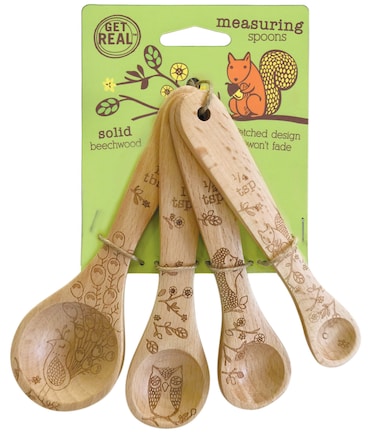Talisman Designs Laser Etched Beechwood  Set of 4  Woodland Design  Natural Wooden Measuring Spoons Set Cute  Functional Kitchen Tools