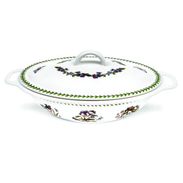Portmeirion Botanic Garden 15 Oval Casserole Dish with Lid  Assorted Floral Motifs  Porcelain  Dishwasher Microwave Freezer and Oven Safe  Made in England