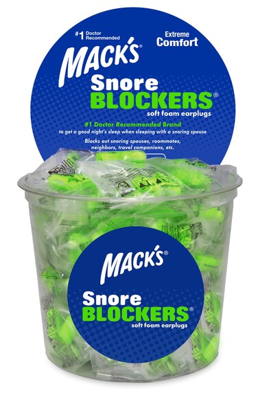 Macks Snore Blockers Soft Foam Earplugs 100 Pair Tub  Individually Wrapped  32 dB High NRR 37 dB SNR  Comfortable Ear Plugs for Sleeping Snoring Loud Noise and Travel