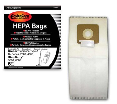 EnviroCare Replacement HEPA Filtration Vacuum Cleaner Dust Bags made to fit Riccar Vibrance Type A RSeries 2000 4000 Simplicity 5000 6000 6 Pack