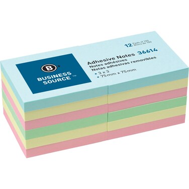 Business Source 36614 Adhesives NotesPlain3Inch x3Inch 100 SheetsPD12PK AST Pastel