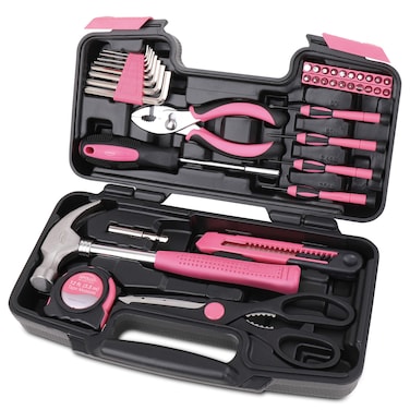 Apollo Tools Original 39 Piece General Household Tool Set in Toolbox Storage Case with Essential Hand Tools for Everyday Home Repairs DIY and Crafts  Pink Ribbon  Pink  DT9706P