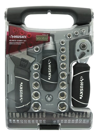 Husky Stubby 46 Piece Ratchet and Wrench Set w Drive Sockets Screwdriving Bits and Onboard Storage
