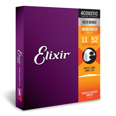Elixir Strings 8020 Bronze Acoustic Guitar Strings w NANOWEB Coating Custom Light 011052