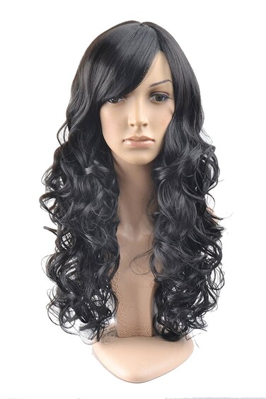 BERON Black Wig Long Wavy Wig Black Wig with Bangs for Women Black Wig Long Curly Wig Black Wig Synthetic Wig with Wig Cap