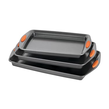 Rachael Ray Nonstick Bakeware Set with Grips Nonstick Cookie Sheets  Baking Sheets  3 Piece Gray with Orange Grips