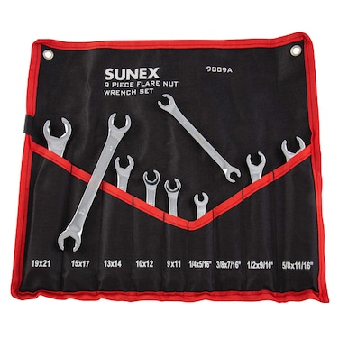 Sunex Tools 9809A Flare Nut Wrench Set 14x515  58  1116 9mm x 11mm  19mm x 21mm Fully Polished 9Piece Includes RollCase SAE  Metric